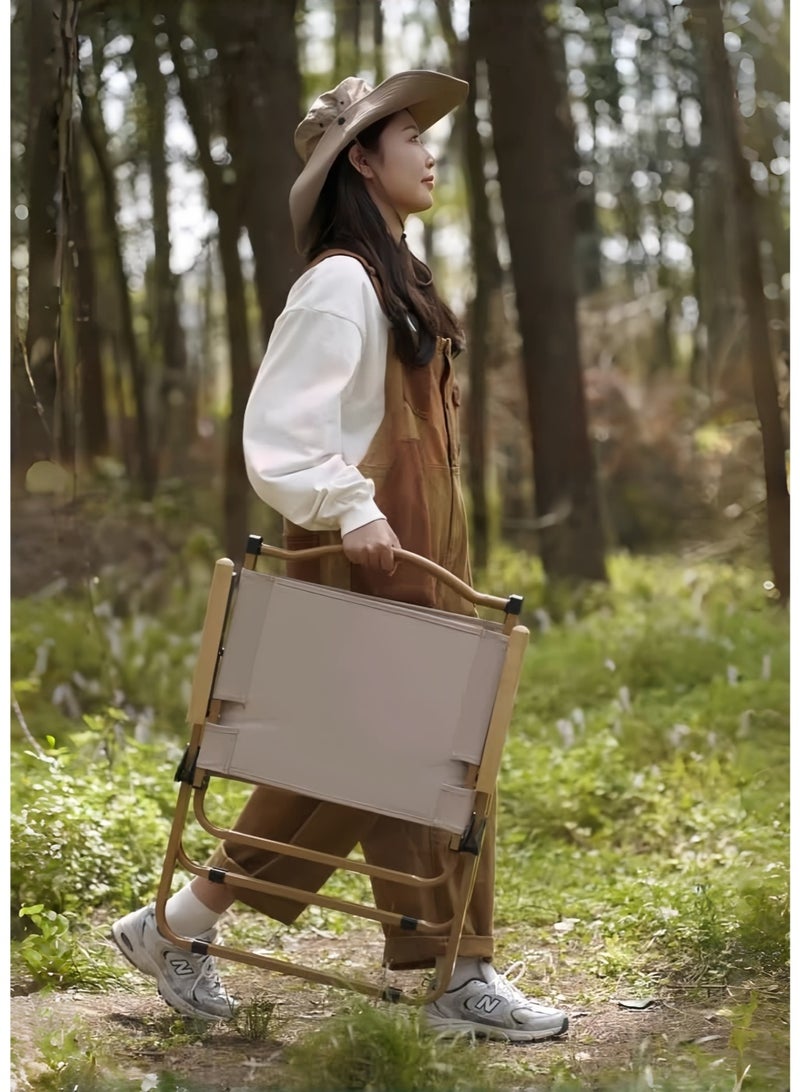 متجر الفرح كراسي تخييم قابلة للطي، كرسي شاطئ خارجي محمول قابل للطي، كراسي تخييم قياسية بإطار معدني ودرابزين خشبي للتخييم، والحفلات، وصيد الأسماك، والشاطئ، والمروج، والفناء، باللون الكاكي - Image 5