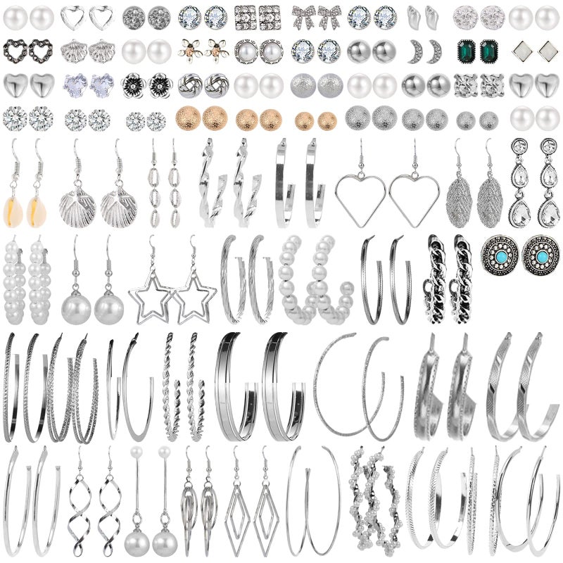 NEWITIN 101 Pairs Silver Jewelry Set for Women Fashion Costume Jewelry Silver Plated Earrings Studs Earrings Set for Women - Image 3