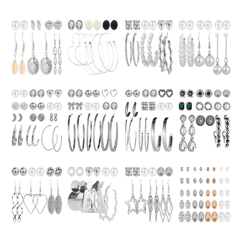 NEWITIN 101 Pairs Silver Jewelry Set for Women Fashion Costume Jewelry Silver Plated Earrings Studs Earrings Set for Women - Image 1