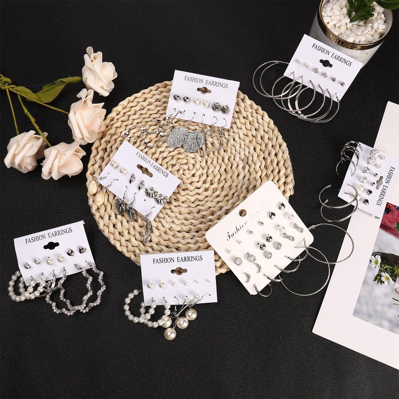 NEWITIN 101 Pairs Silver Jewelry Set for Women Fashion Costume Jewelry Silver Plated Earrings Studs Earrings Set for Women - Image 4