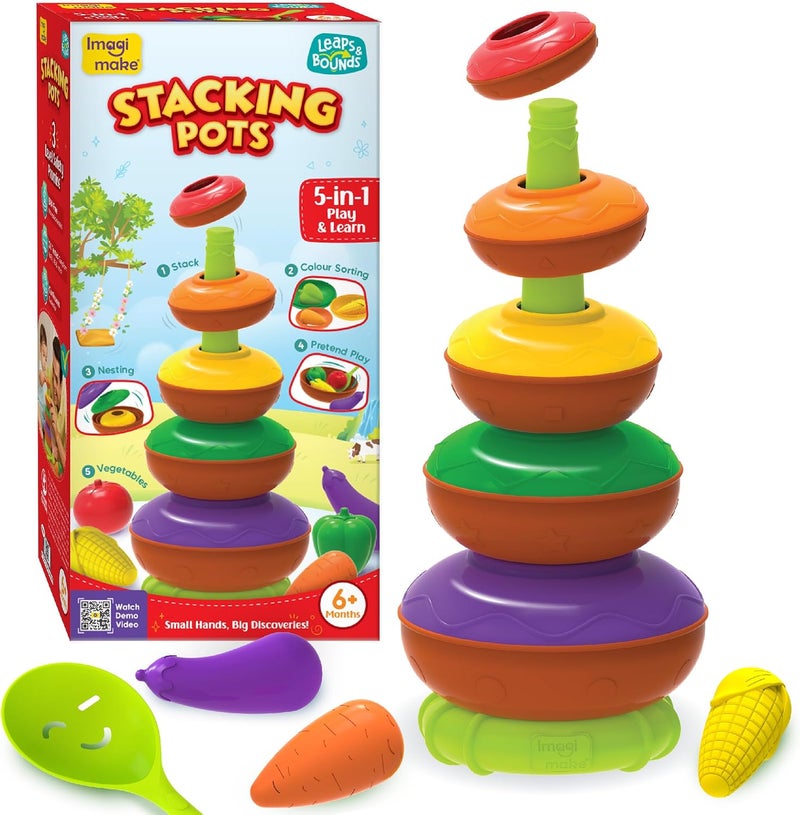 Imagimake Stacking Pots Toys | Leaps & Bounds Baby Toys for 6+ Months | Educational Toy for Toddlers, Infants | 5-in-1 Play & Learn | Stacking, Nesting, Pretend Play | Ramadan Eid Gifts for Babies - Image 2