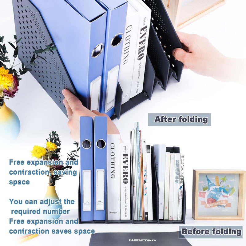 FRETONBA A4 Foldable Magazine File Holder with 4 Compartments, Desk Organiser for Office Organisation and Storage, Desk Organiser for School Office, Dark Grey - Image 2