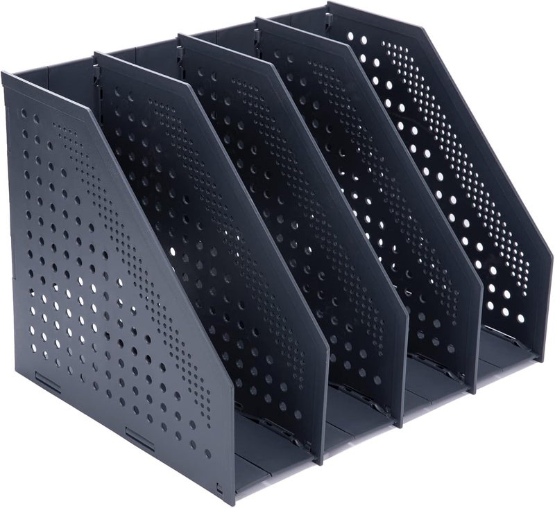 FRETONBA A4 Foldable Magazine File Holder with 4 Compartments, Desk Organiser for Office Organisation and Storage, Desk Organiser for School Office, Dark Grey - Image 1
