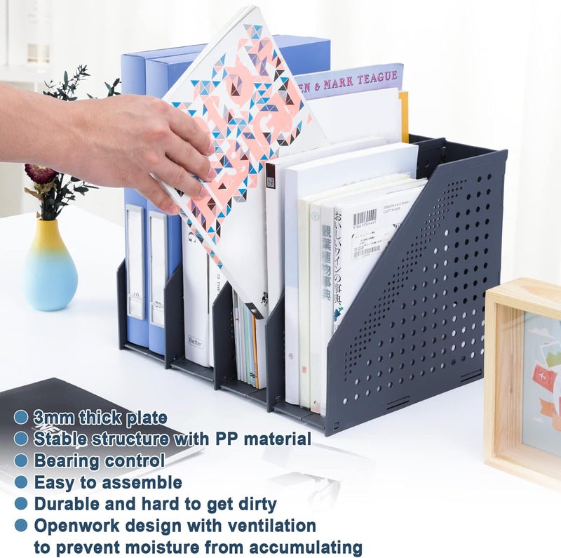 FRETONBA A4 Foldable Magazine File Holder with 4 Compartments, Desk Organiser for Office Organisation and Storage, Desk Organiser for School Office, Dark Grey - Image 3