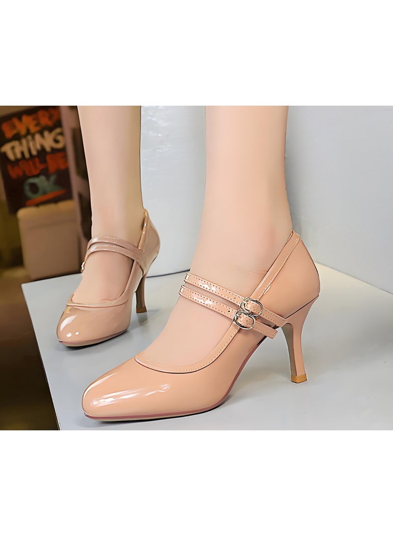 BIGTREE Patent Leather Mary Jane Shoes Kitten High Heels Closed Round Toe With Buckle Straps Nude Color - Image 4