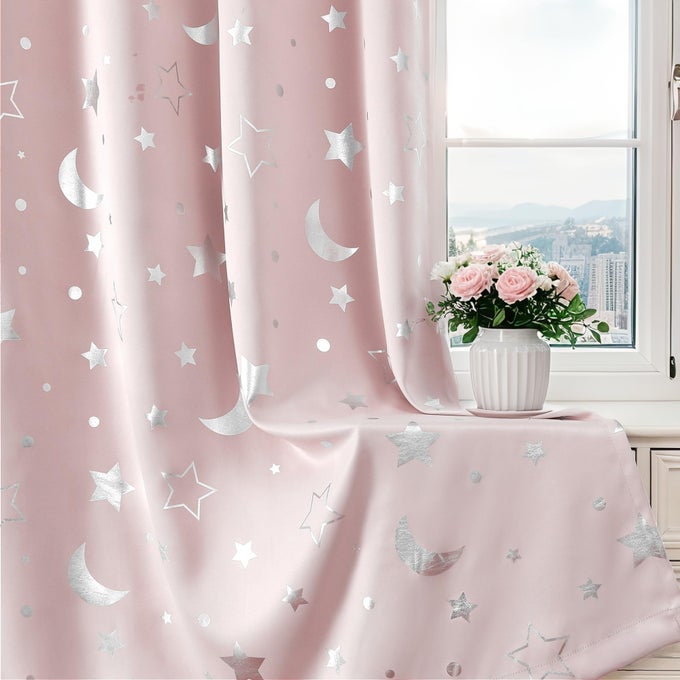 PINK CURTAINS FOR GIRLS ROOM STAR 100 BLACKOUT KIDS BEDROOM CURTAINS 63 INCH LENGTH CUTE SILVER SPACE STAR AND MOON PATTERNED THERMAL INSULATED NURSERY DRAPES 2 PANEL SETS