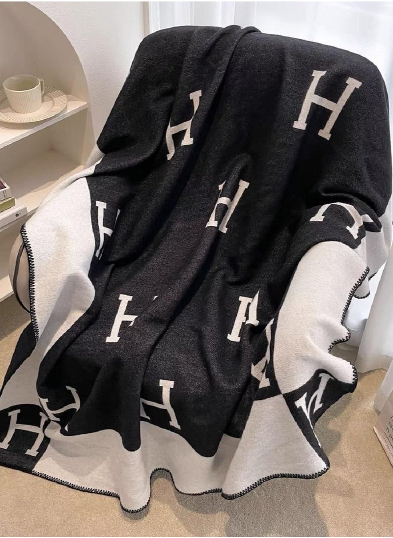 Generic - Warm and Cozy Single Size Woollen Throw Blanket- Avalon Blanket -Hermes Themed Design 135*170-Black - Image 1