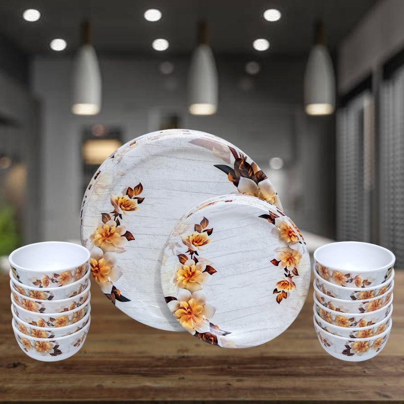 Serve N Style 24 Pieces Melamine Dinner Set | Stylish, Light-Weight, Unbreakable, Freezer Safe, Dishwasher Safe, Daily Use Crockery Set for Dining & Gifting | Round Shape (24PC OM-Yellow Flower) - Image 1