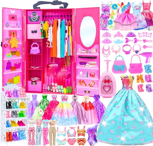 Ecore Fun Fashion Doll Closet Wardrobe for Doll Clothes and Accessories Storage  Lot 102 Items Include Clothes Dresses Shoes Bags Necklace Shoes Rack Hangers for 115 Inch Girl Doll Clothes - Image 1