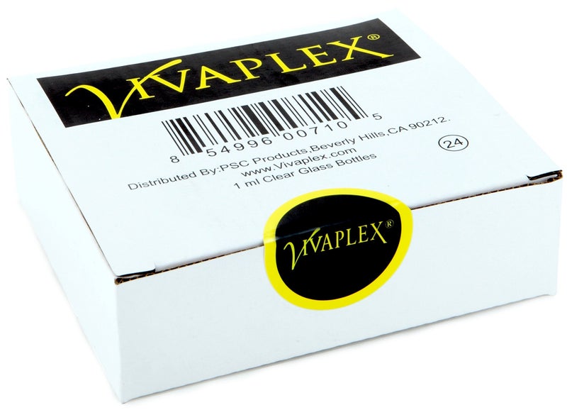 Vivaplex, 24, Clear, 1 ml (1/4 Dram) Glass Bottles, with Orifice Reducers and Black Caps - Image 1