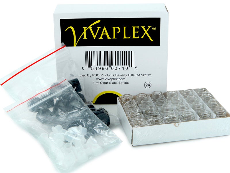 Vivaplex, 24, Clear, 1 ml (1/4 Dram) Glass Bottles, with Orifice Reducers and Black Caps - Image 3
