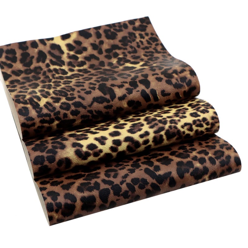 David Accessories Leopard Pattern Printed Faux Leather Sheets Synthetic Leather Fabric 3 Pcs 7.7"" X 12.9"" (20Cm X 33Cm) Cotton Back For Diy Craft Project (Leopard Printed) - Image 2