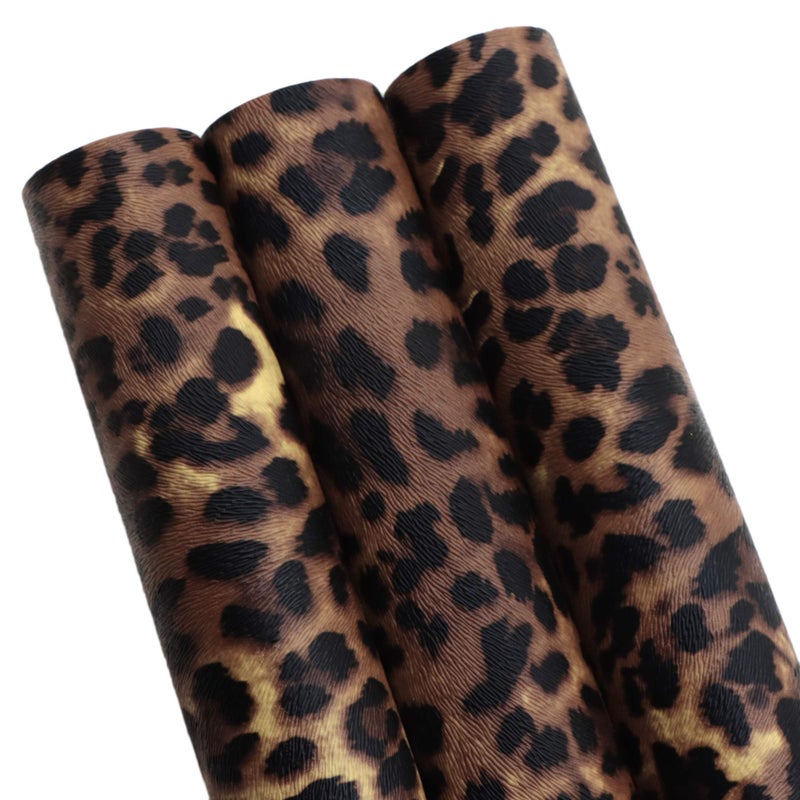 David Accessories Leopard Pattern Printed Faux Leather Sheets Synthetic Leather Fabric 3 Pcs 7.7"" X 12.9"" (20Cm X 33Cm) Cotton Back For Diy Craft Project (Leopard Printed) - Image 1