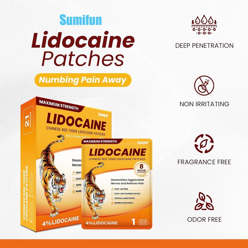 Sumifun Lidocaine Pain Relief Patches  21 Counts Chinese Red Tiger Ultra Strength Pain Patches for Muscule Sore Simple Backaches Joint Pain  FSAHSA Eligible Topical AnalgesicNDC 8416510221 - Image 4
