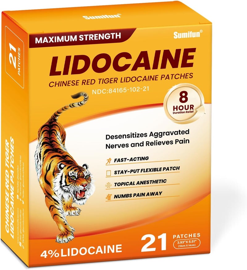 Sumifun Lidocaine Pain Relief Patches  21 Counts Chinese Red Tiger Ultra Strength Pain Patches for Muscule Sore Simple Backaches Joint Pain  FSAHSA Eligible Topical AnalgesicNDC 8416510221 - Image 1