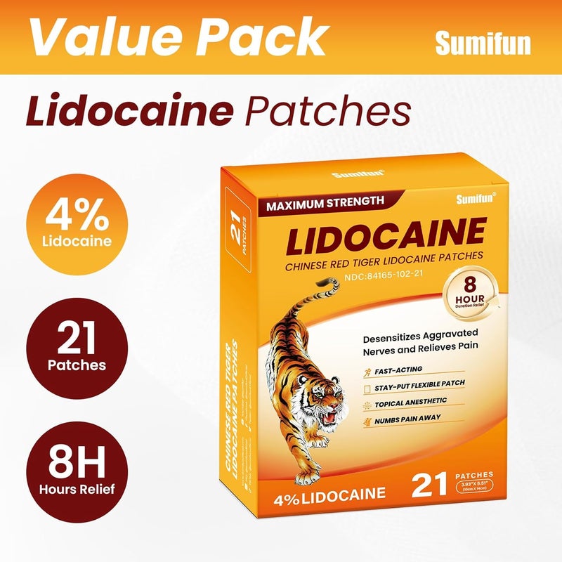 Sumifun Lidocaine Pain Relief Patches  21 Counts Chinese Red Tiger Ultra Strength Pain Patches for Muscule Sore Simple Backaches Joint Pain  FSAHSA Eligible Topical AnalgesicNDC 8416510221 - Image 5