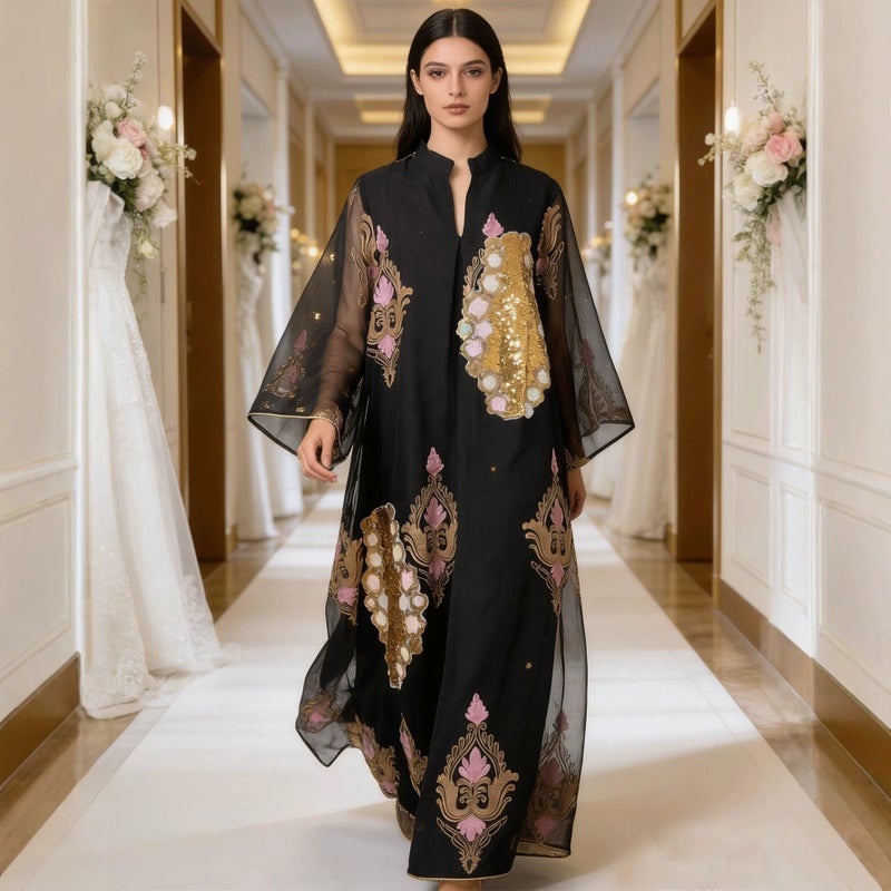 Elegant Long Evening Dress with Sheer Embroidery, Sequins, Gold Trim Cuffs, Stand Collar, Loose Fit Women's Maxi Gown