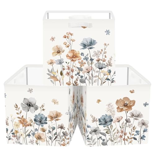 Clastyle Flowers Storage Cube Organizer Set Handle Closet Clothes Cube with Metal Frame Foldable Parents Organizer Storage Basket for Book ToyBoho Brown118x118x118 in - Image 1