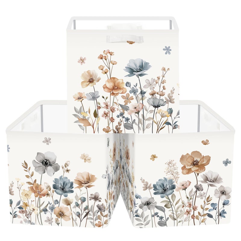 Clastyle Flowers Storage Cube Organizer Set Handle Closet Clothes Cube with Metal Frame Foldable Parents Organizer Storage Basket for Book ToyBoho Brown118x118x118 in - Image 2