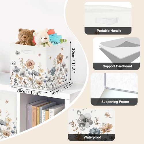 Clastyle Flowers Storage Cube Organizer Set Handle Closet Clothes Cube with Metal Frame Foldable Parents Organizer Storage Basket for Book ToyBoho Brown118x118x118 in - Image 3