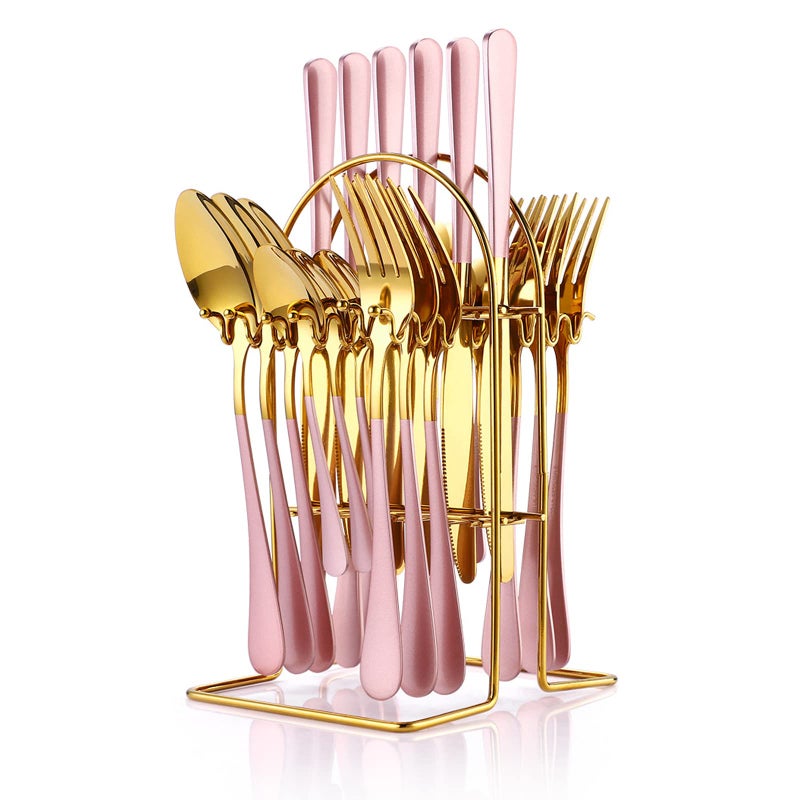 24 Piece Flatware Set Stainless Steel Cutlery Set with Silverware Holder Spoons Forks and Knives Utensil Set Service for 6 Gold Mirror Polished and Matte Pink Painted Pink