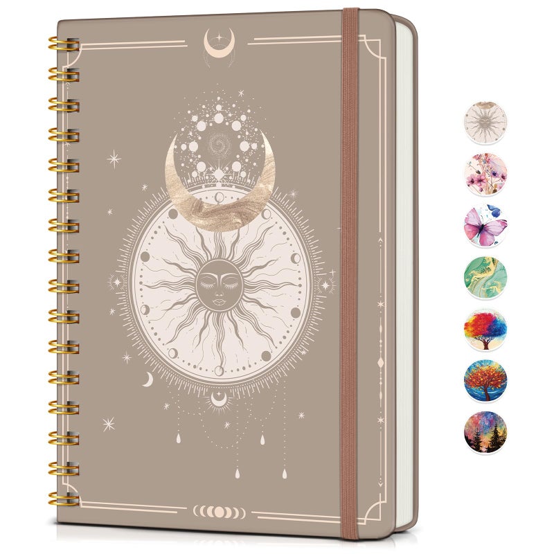 PAPEJOON Lined Spiral Journal Notebook for Women, A5 Cute Hardcover Spiral Journals for Writing, 150 Pages Pretty College Ruled Notebooks for Work & Note Taking, 5.75" x 8.38", Boho Sun & Moon - Image 1