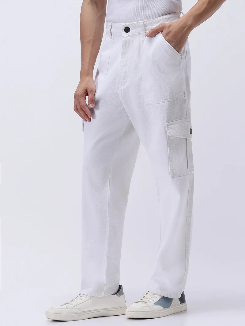 Urbano Fashion Urbano Fashion Men's White Loose Mid Rise Baggy Fit Cargo Jeans with 6 Pockets Non-Stretchable