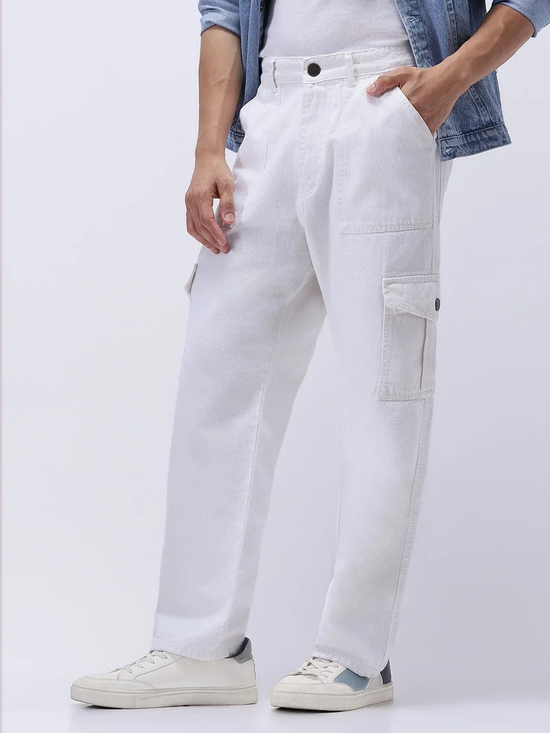 Urbano Fashion Urbano Fashion Men's White Loose Mid Rise Baggy Fit Cargo Jeans with 6 Pockets Non-Stretchable