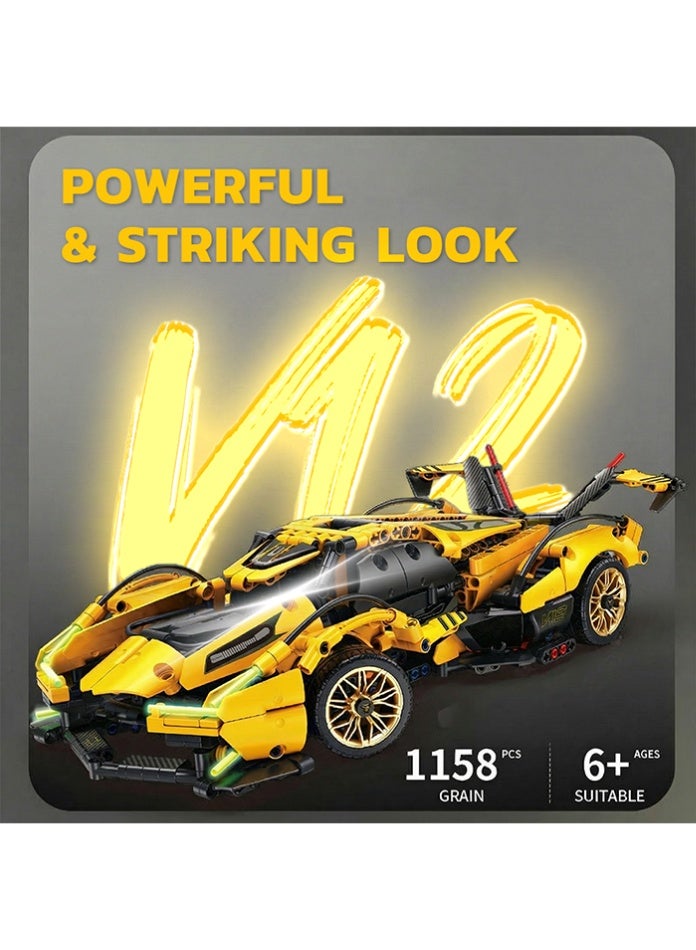 مجموعة مكعبات بناء سيارة رياضية تعمل بجهاز تحكم عن بعد، 1158 قطعة، لعبة سيارة خارقة ميكانيكية V12 مع ملحقات مضيئة، غطاء محرك قابل للفتح، بطارية قابلة للشحن، لعبة تعليمية للأطفال من عمر 6 سنوات فما فوق وللبالغين - Image 4
