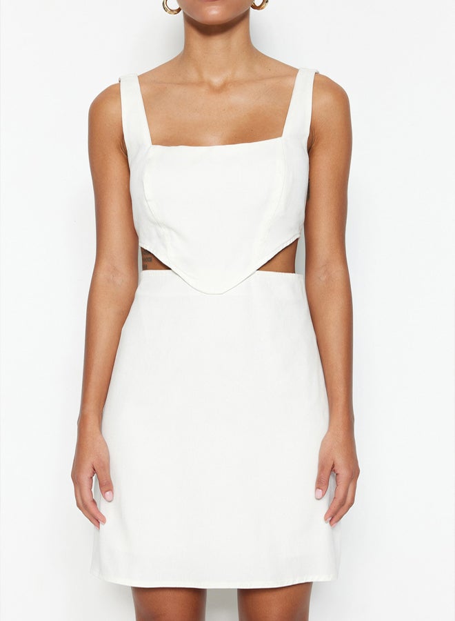 trendyol Ecru A-Cut Mini Cotton Window/Cut Out Detailed Woven Dress TWOSS23EL00596 - Image 4