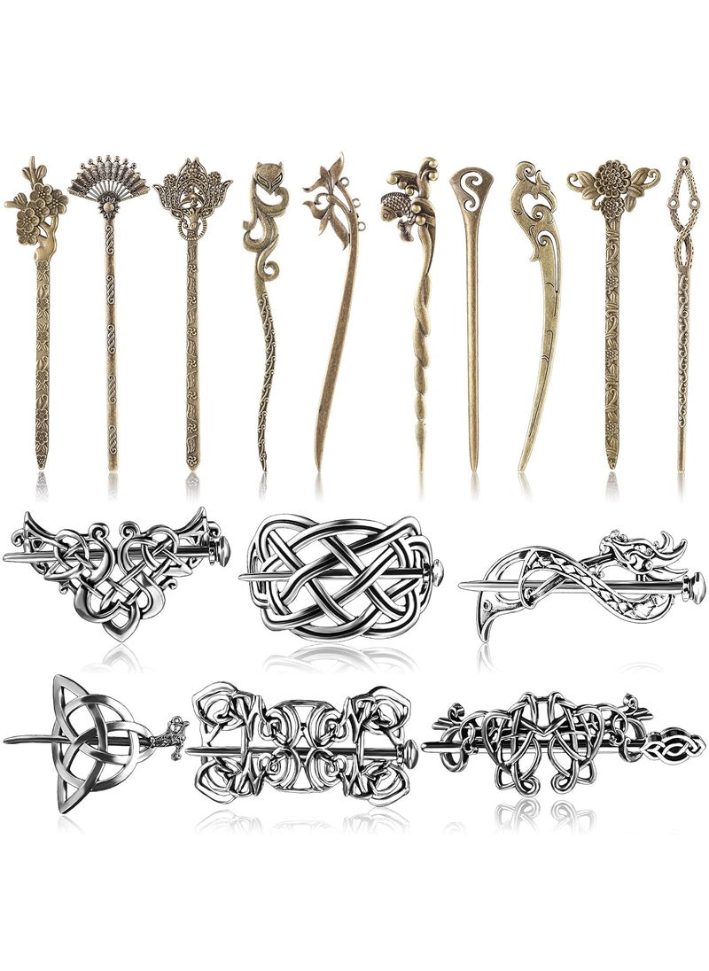 WILLBOND WILLBOND 16 Pieces Vintage Silver Celtic Hair Slide Chinese Vintage Bronze Hair Chopstick Barrettes Antique Pin for Diy Accessory Women 