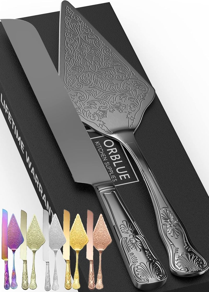 Orblue Wedding Cake Knife and Server Set - Premium, Beautifully Engraved Cutting Set - Elegant Keepsake for Newlyweds Black - Image 1