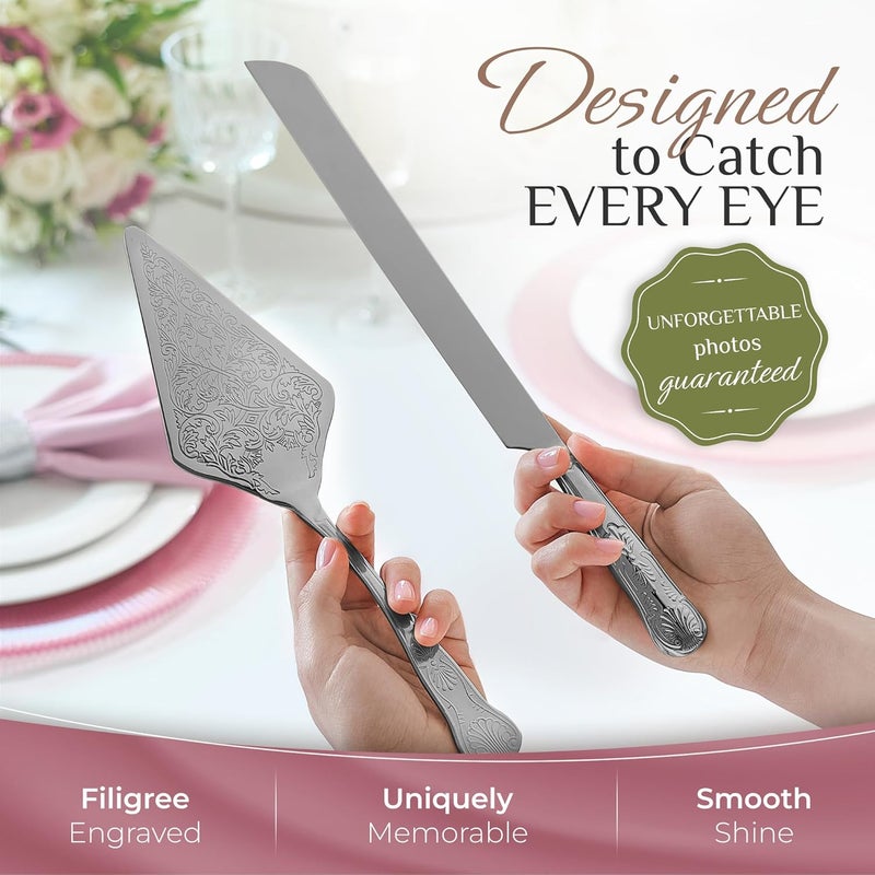 Orblue Wedding Cake Knife and Server Set - Premium, Beautifully Engraved Cutting Set - Elegant Keepsake for Newlyweds Black - Image 2