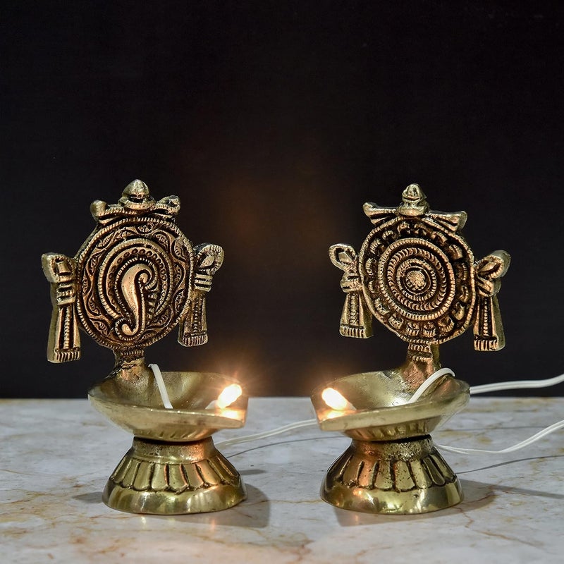 Bhimonee Decor by Modern Gift Centre Pure Brass Shanku Chakra Electric Bulb Lights DiyaDeepDeepak for PoojaPujaMandir Diwali Festival DecorationPair - Image 2