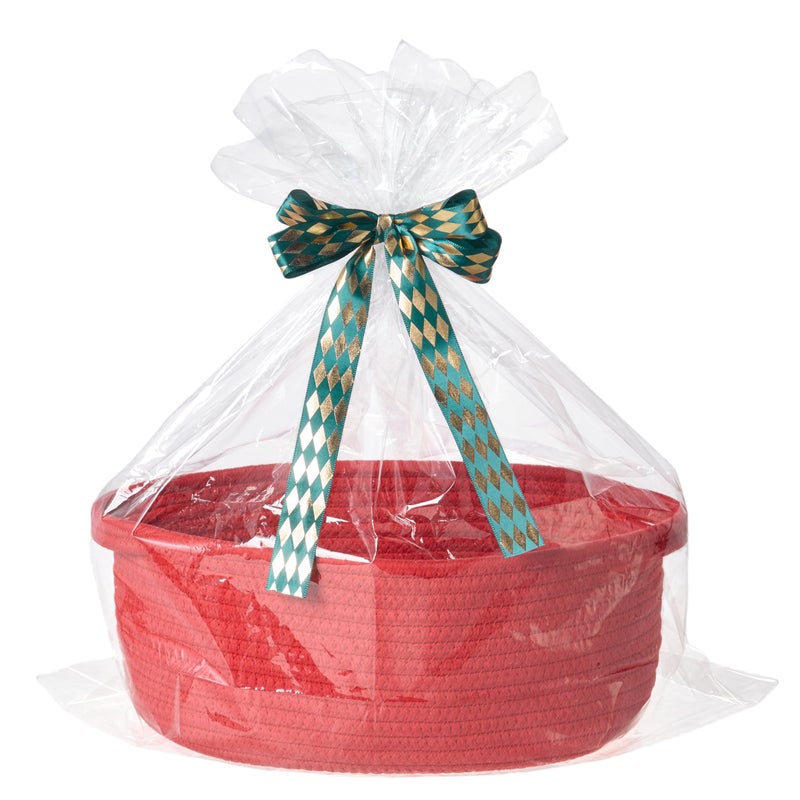 Kodomoore Gift Basket With Wrap Bag And Ribbon  Empty Small Woven Basket For Gift  Cute Decorative Gift Organizer For Baby Showers  Raffle  Thanksgiving And Christmas - 12""X8""X5""  Red - Image 1