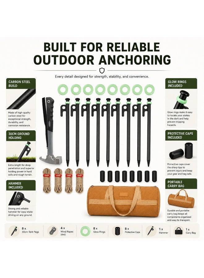 Complete Tent Peg Set with Hammer, 8 x 30cm Carbon Steel Camping Stakes for Desert & Beach Camping with Wind Ropes, Glow Rings, Caps and Carry Bag - Image 5