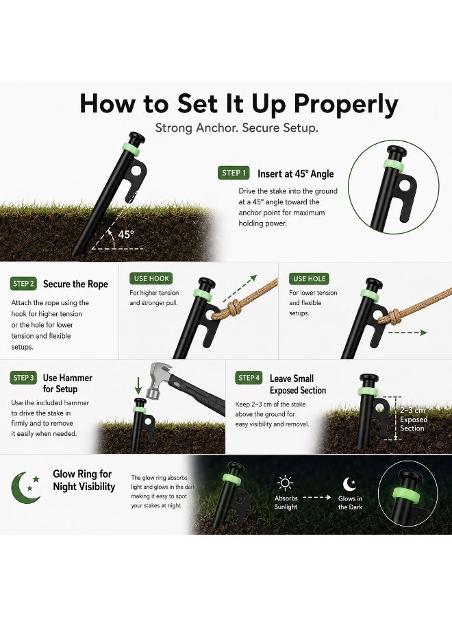 Complete Tent Peg Set with Hammer, 8 x 30cm Carbon Steel Camping Stakes for Desert & Beach Camping with Wind Ropes, Glow Rings, Caps and Carry Bag - Image 4