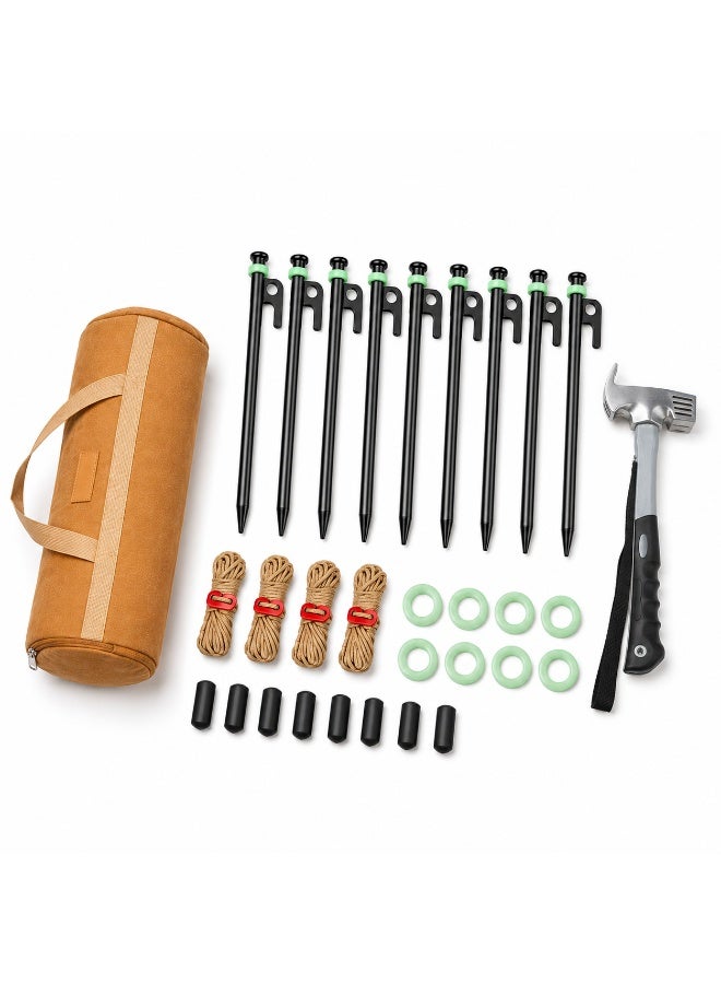 Complete Tent Peg Set with Hammer, 8 x 30cm Carbon Steel Camping Stakes for Desert & Beach Camping with Wind Ropes, Glow Rings, Caps and Carry Bag - Image 1