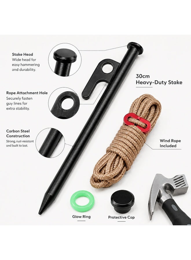 Complete Tent Peg Set with Hammer, 8 x 30cm Carbon Steel Camping Stakes for Desert & Beach Camping with Wind Ropes, Glow Rings, Caps and Carry Bag - Image 3