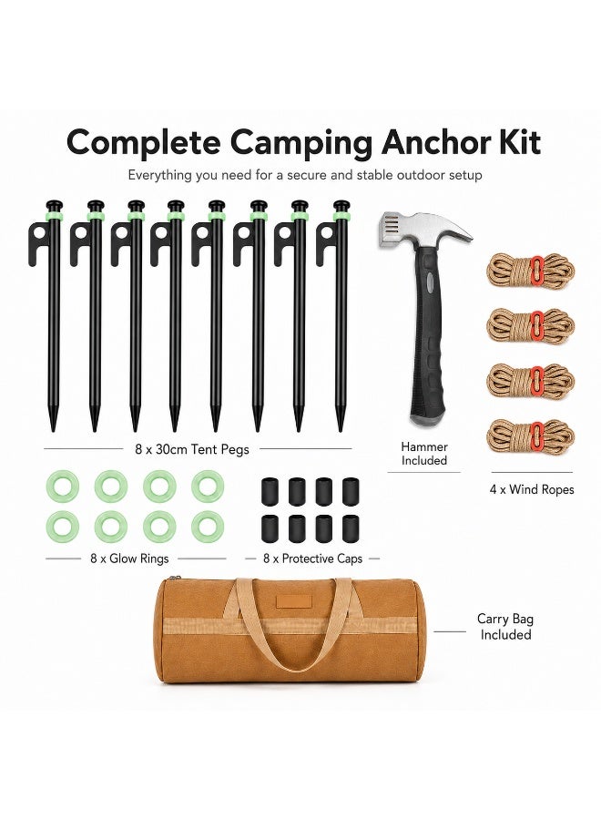 Complete Tent Peg Set with Hammer, 8 x 30cm Carbon Steel Camping Stakes for Desert & Beach Camping with Wind Ropes, Glow Rings, Caps and Carry Bag - Image 2