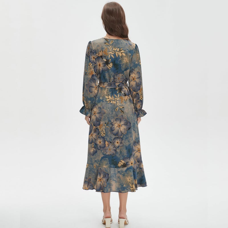 Max Hsuan Women's Floral Bohemian Dress Long Sleeve Wrap V Neck Ruffle Flowy Maxi Casual Tie Waist Boho Asymmetrical Vacation Dresses - Image 5