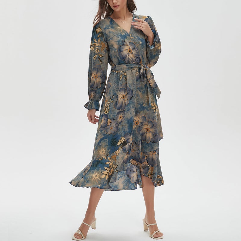 Max Hsuan Women's Floral Bohemian Dress Long Sleeve Wrap V Neck Ruffle Flowy Maxi Casual Tie Waist Boho Asymmetrical Vacation Dresses - Image 3