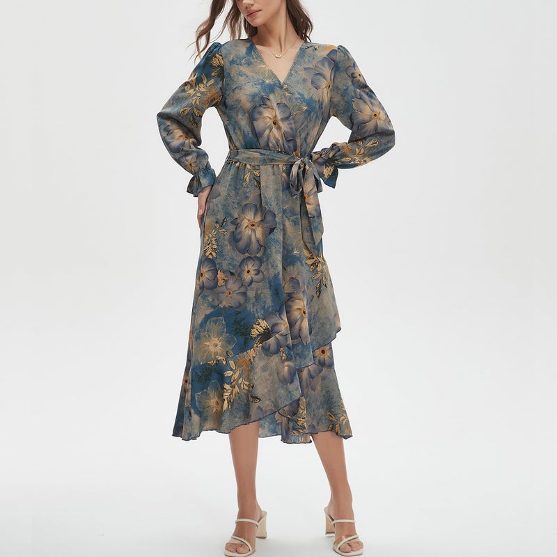 Max Hsuan Women's Floral Bohemian Dress Long Sleeve Wrap V Neck Ruffle Flowy Maxi Casual Tie Waist Boho Asymmetrical Vacation Dresses - Image 2