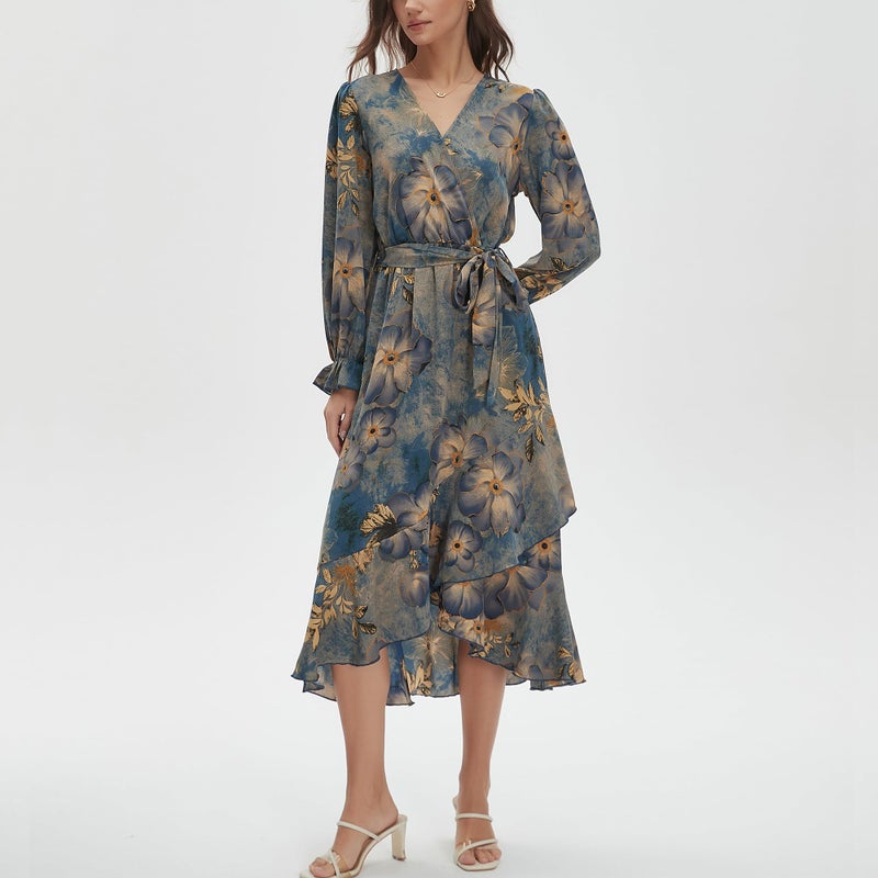 Max Hsuan Women's Floral Bohemian Dress Long Sleeve Wrap V Neck Ruffle Flowy Maxi Casual Tie Waist Boho Asymmetrical Vacation Dresses - Image 4
