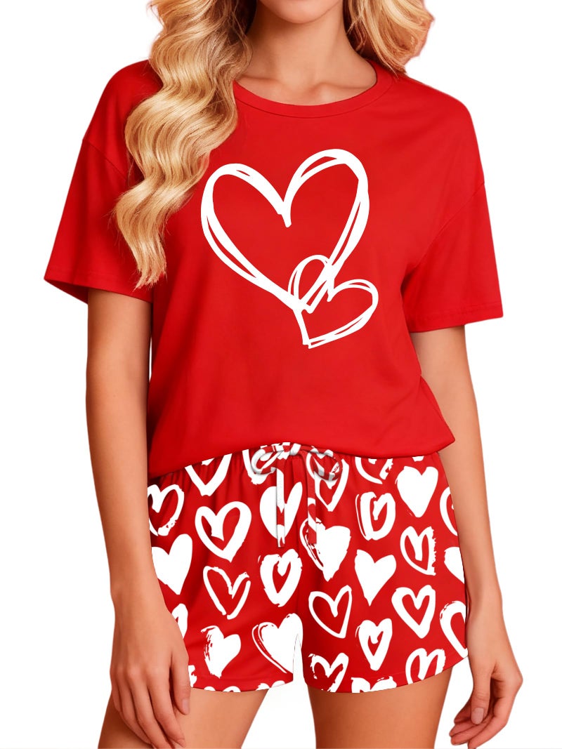 PECHAR Valentine Pajamas Women: Valentines Pjs 2 Piece Short Sleeve Heart Shirts and Pants Sleepwear Set Loungewear - Image 1