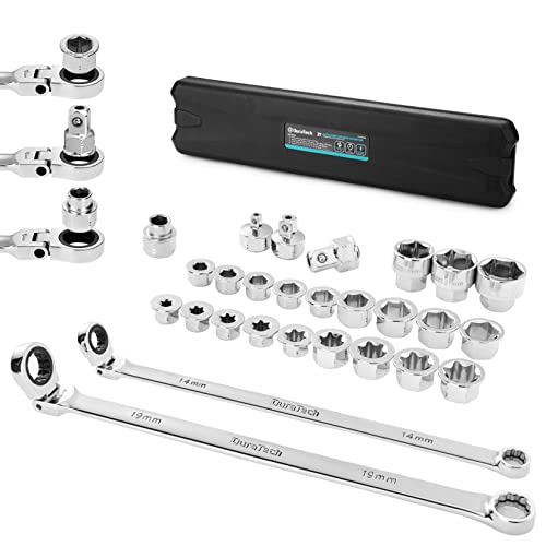 DURATECH 27PCS Extra Long Flex Head Ratcheting Wrench Set 822mm Double Box End Ratchet Wrench Set with Etype 822mm Replacement Heads 10x19mm 14 38 12 Socket Adapters