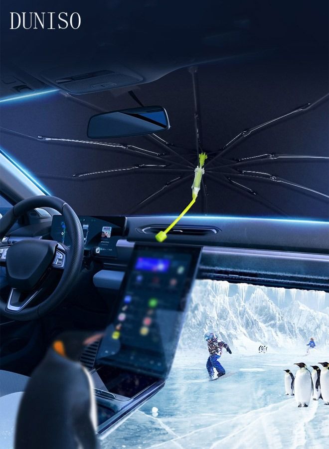 DUNISO Car Windshield Sunshade Umbrella Pull Ring Car Sun Shade Front Window Cover Foldable Sunshade Umbrella with Window Breaker for UV Ray Block Sun Heat Protection for Most Vehicles - Image 2