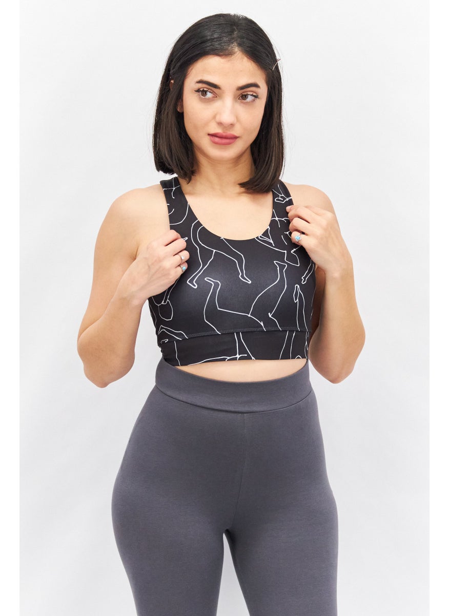 MONKI Women Sportswear Fit Sleeveless Allover Print Training Top, Black  - Image 1