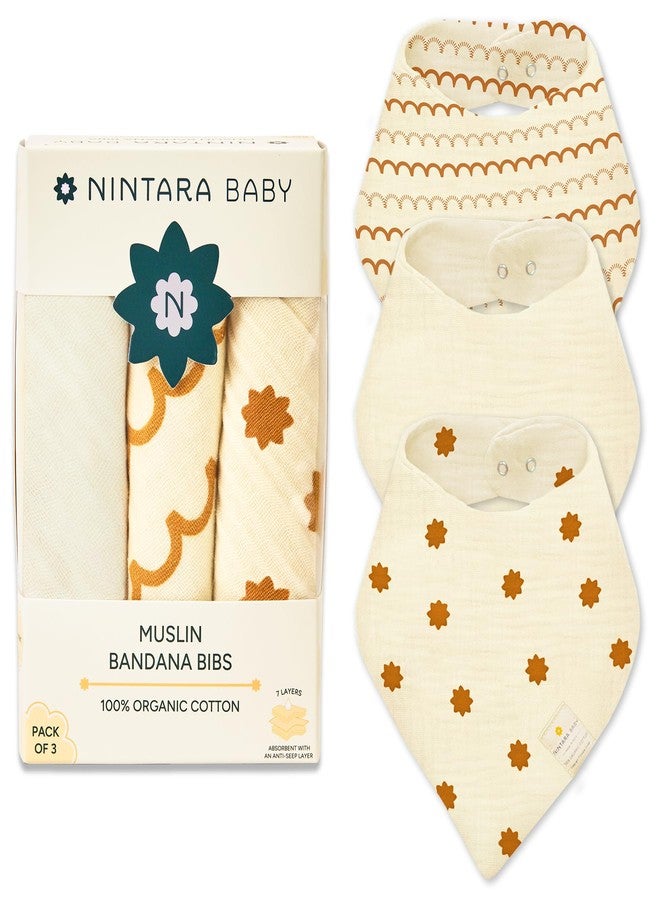 NINTARABABY Bandana Bibs - 100% Organic Muslin Cotton, 7-Layer Absorbent for Drooling, Teething & Feeding, Soft & Hypoallergenic, Adjustable Snap Buttons, Reversible, Baby Gift Ages 0-3, Pack of 3 - Image 1