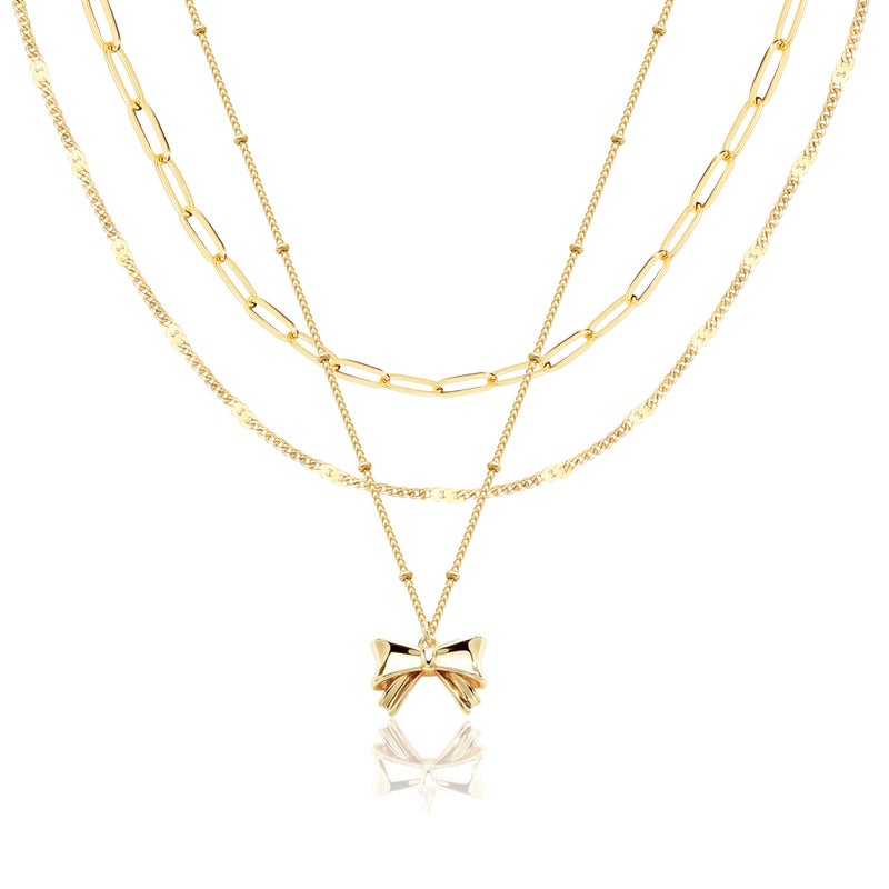 Poxtex Layered Gold Bow Necklaces for Women,14k Gold Plated Dainty Stackable Choker Necklaces for Women,Trendy Layering Small Bow Pendant Paperclip Thin Chain Necklace Set Jewelry Gifts for Women - Image 1